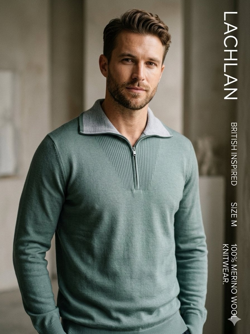 Men’s 100% Merino Wool 1/4 Zip Pullover Sweater - Sage Green - XL